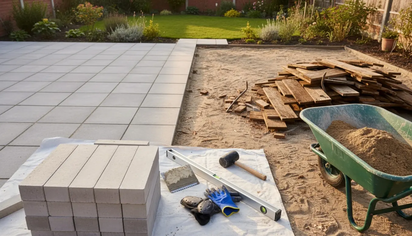 Fjernet træterrasse og forberedelse til fliselægning i have med værktøj i forgrunden.