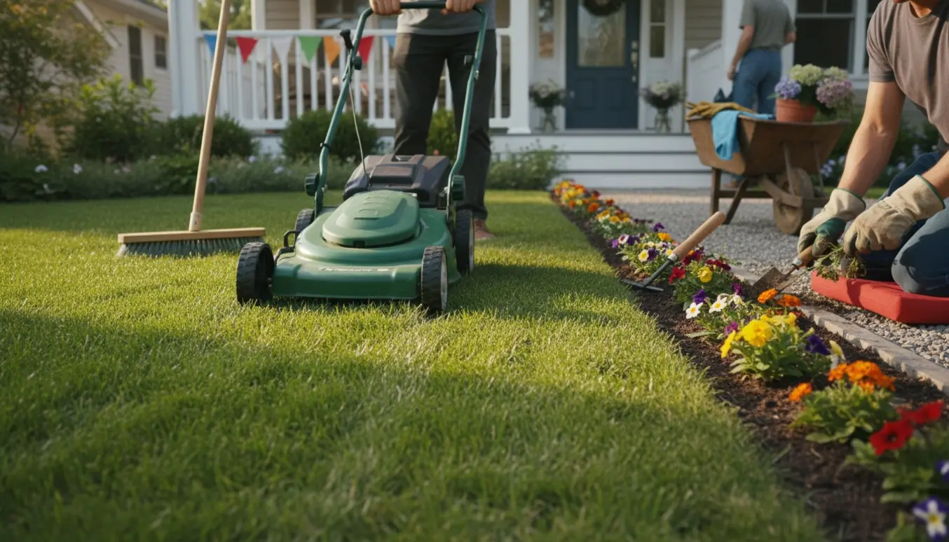 En hjælper klipper græs og fjerner ukrudt i forhaven for at gøre klar til en 80-års fødselsdag.