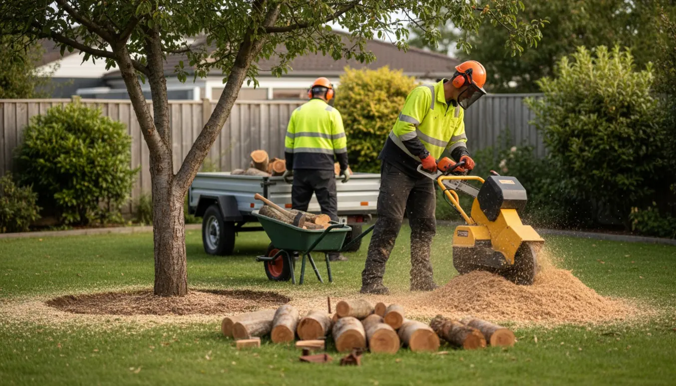 Fældning af et lille blommetræ med opskæring til brænde og rodfræsning i en have.
