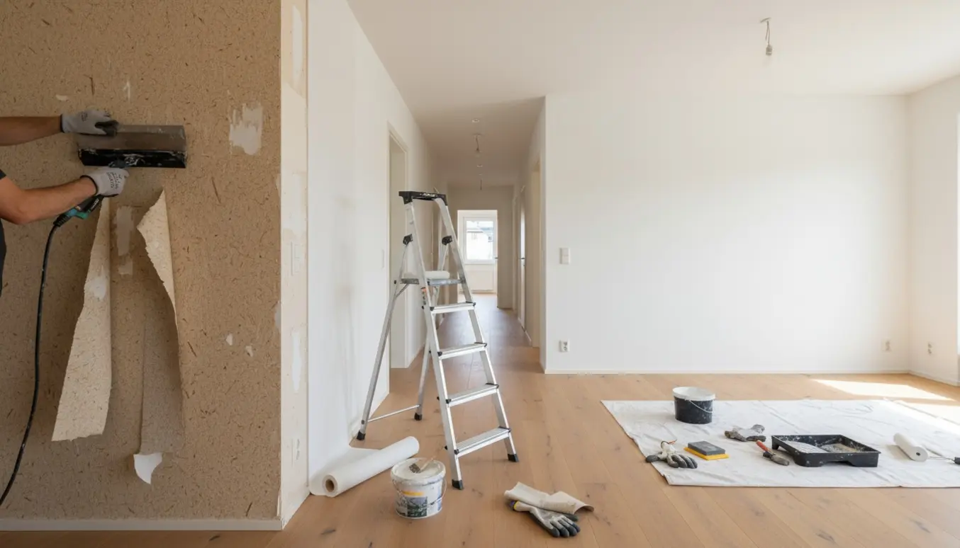 Tomt hus i renovering med fjernet savsmuldstapet, opsat filt og nyhvidmalede vægge.