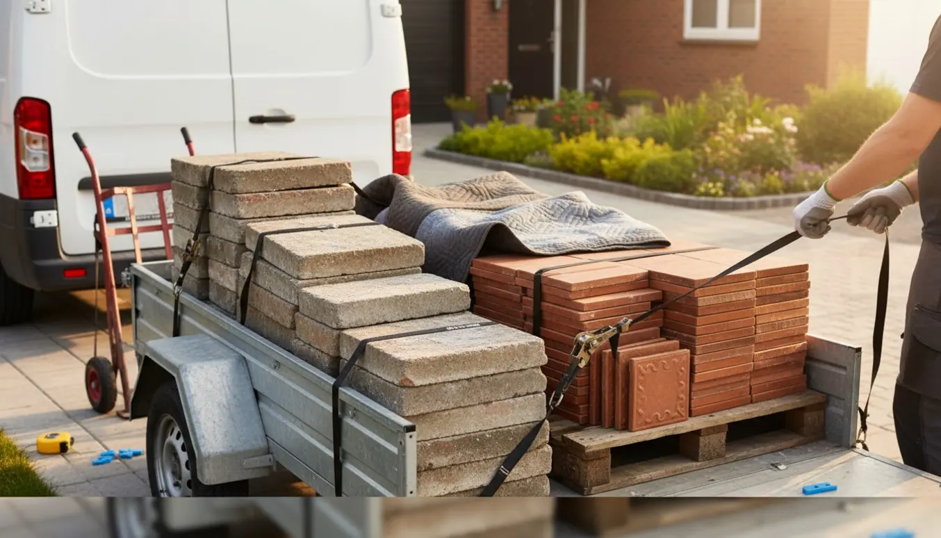 En trailer på en indkørsel lastes med udendørs fliser og klinker, mens personer set bagfra spænder stropper.