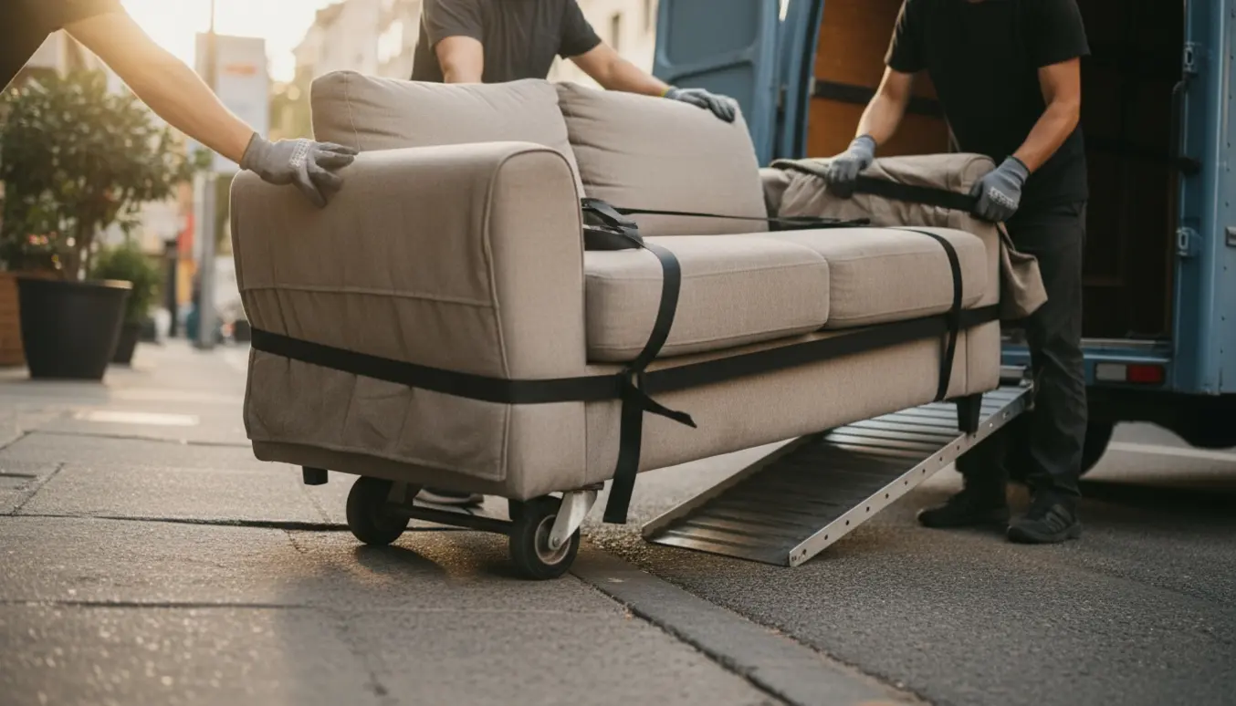 To personer flytter en sofa over kantstenen mod en åben flyttevogn.