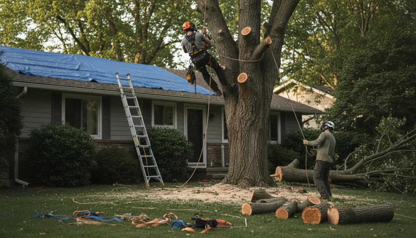Arborist topper et højt træ tæt ved et hus med skårne grene og savsmuld på græsset.