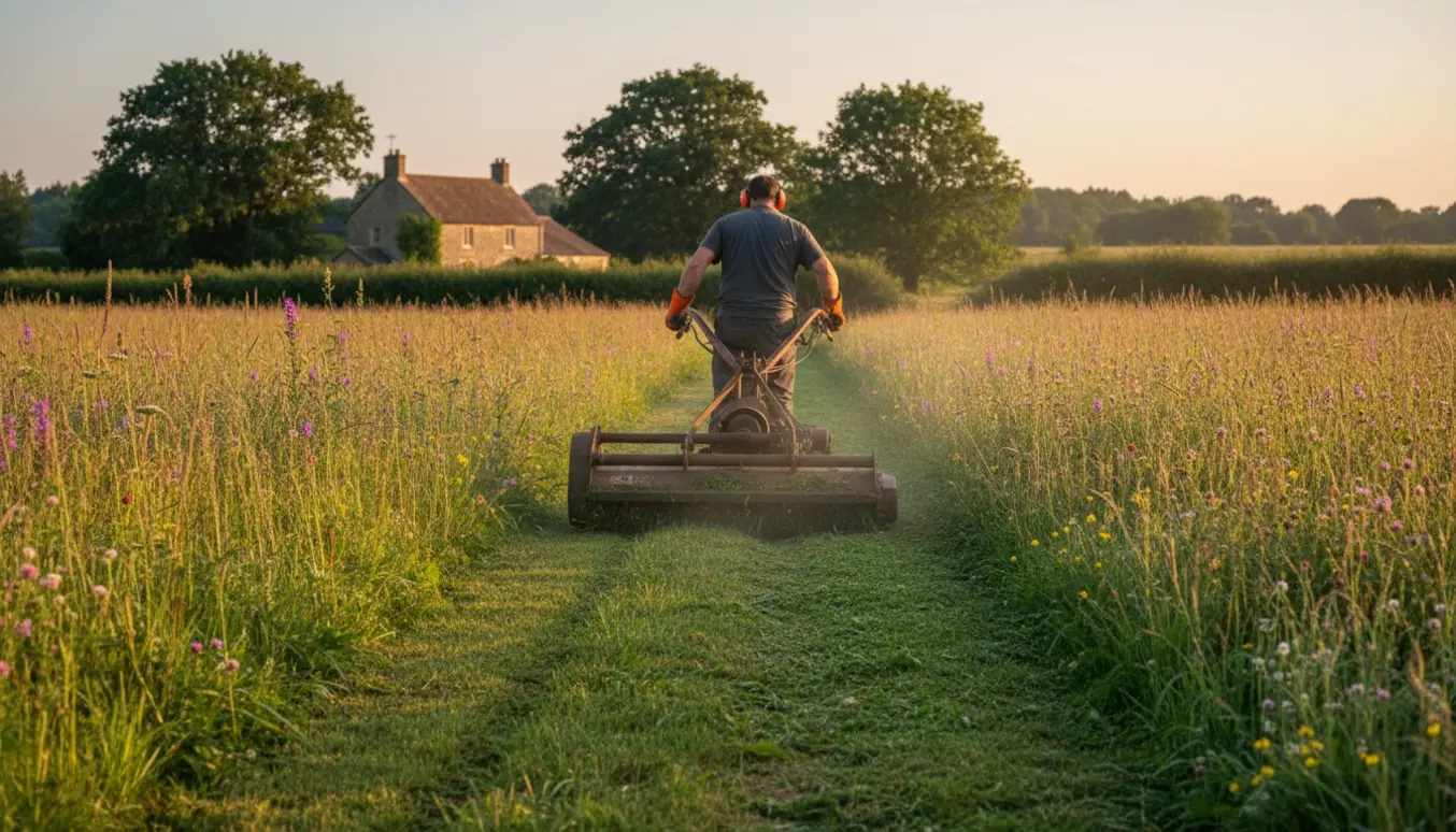 En person slår græs på en vild grund med en kraftig plæneklipper og efterlader en nyklippet stribe mellem højt græs og vilde blomster.