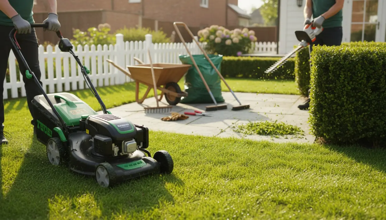 Nærbillede af græsslåning og hækklipning i en have med fjernelse af ukrudt mellem fliser.