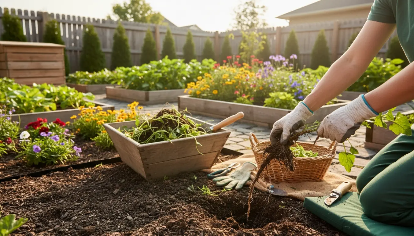 Nærbillede af havearbejde med handsker, trillebør og opsamlet ukrudt i en solrig have.