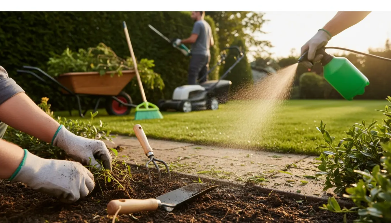 Havearbejde med hækklipning, sprøjtning mod ukrudt og oprydning med trillebør.