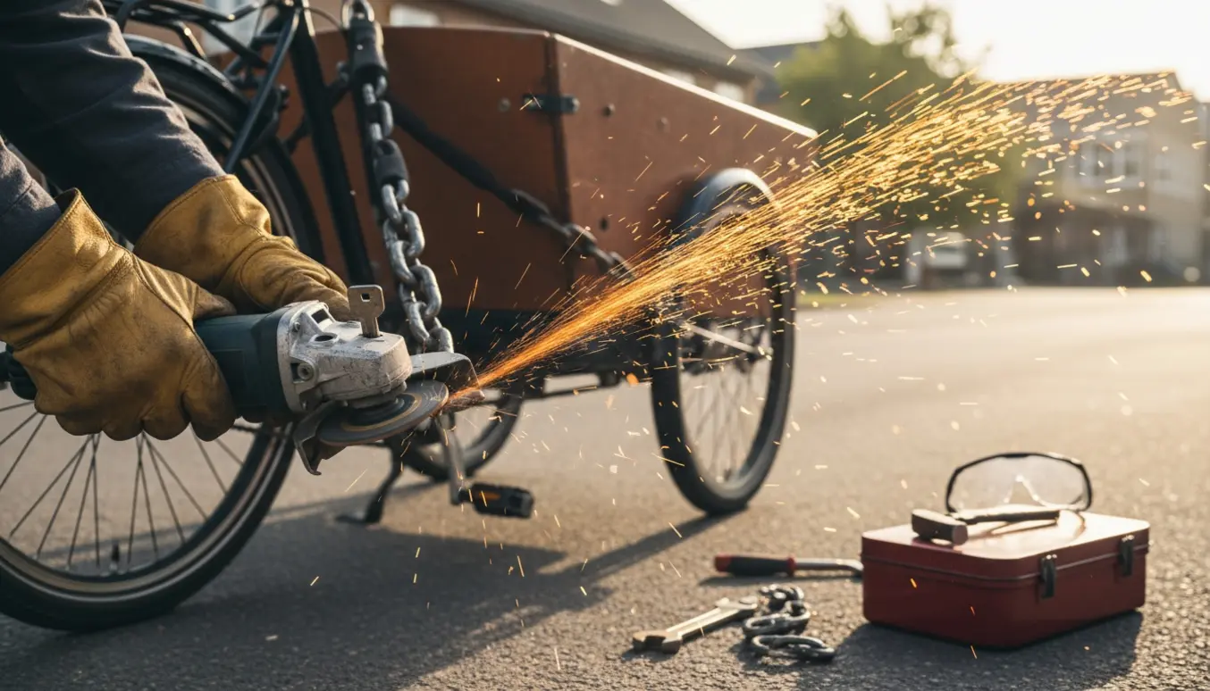 Vinkelsliber skærer kædelås på en ladcykel, gnister flyver og den knækkede nøgle er synlig i låsen.