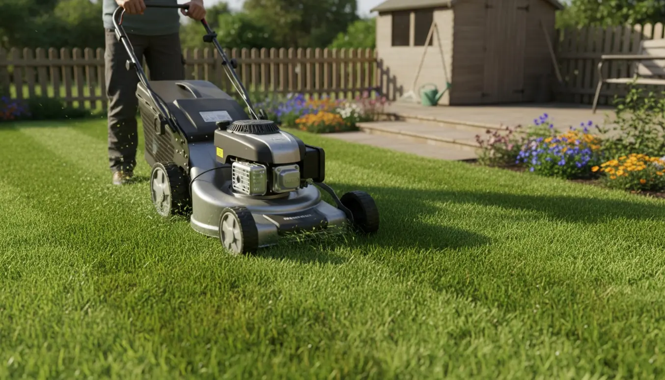 En gåklipper i aktion på en mellemstor, nyklippet græsplæne med tydelige striber og friske græsafklip.