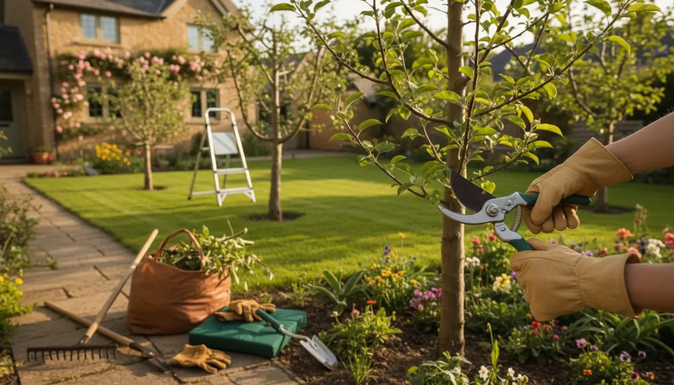Hænder beskærer en frugttræsgren og fjerner ukrudt i en velholdt villahave ved solnedgang.