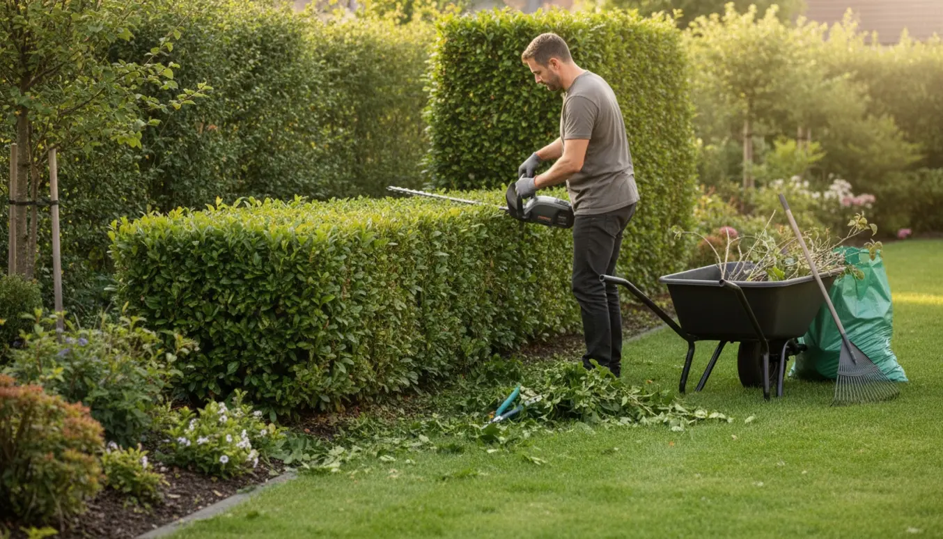 Hæk bliver klippet ned langs et skråbed med afklip i trillebør og beskæringsværktøj i haven.