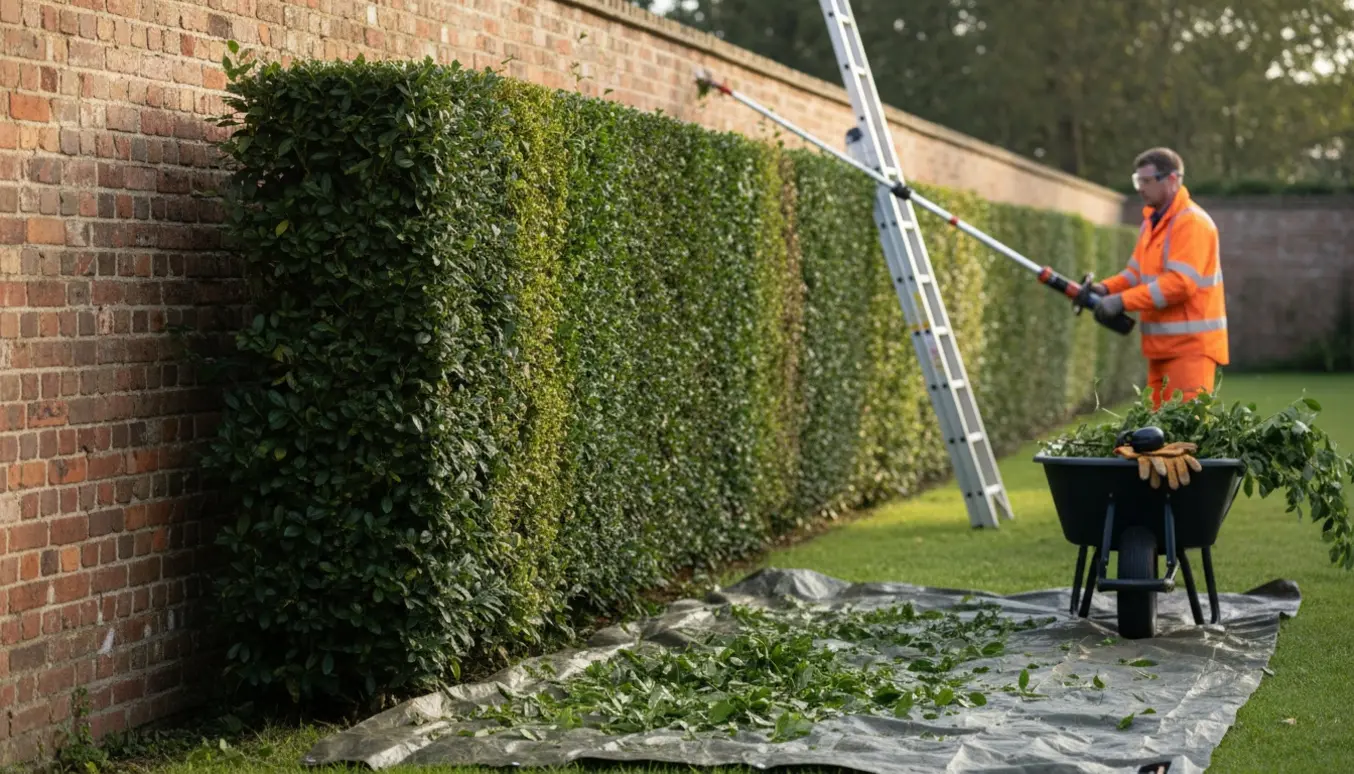 Nyklippet hæk langs en mur med en forlængelseshækkeklipper og afklip samlet på en presenning.