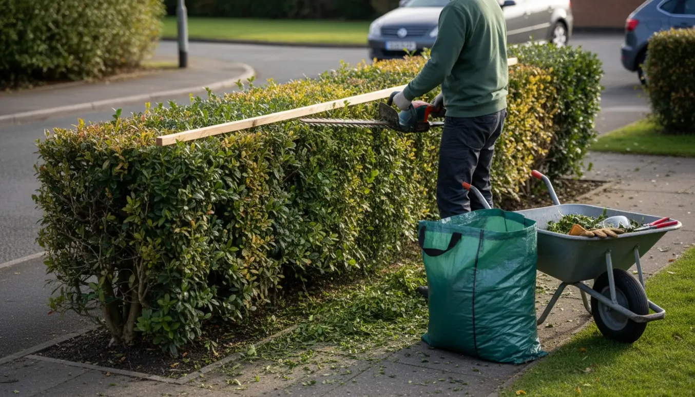En person klipper en liguster- og blandet hæk ved fortovet med afklip i en trillebør.