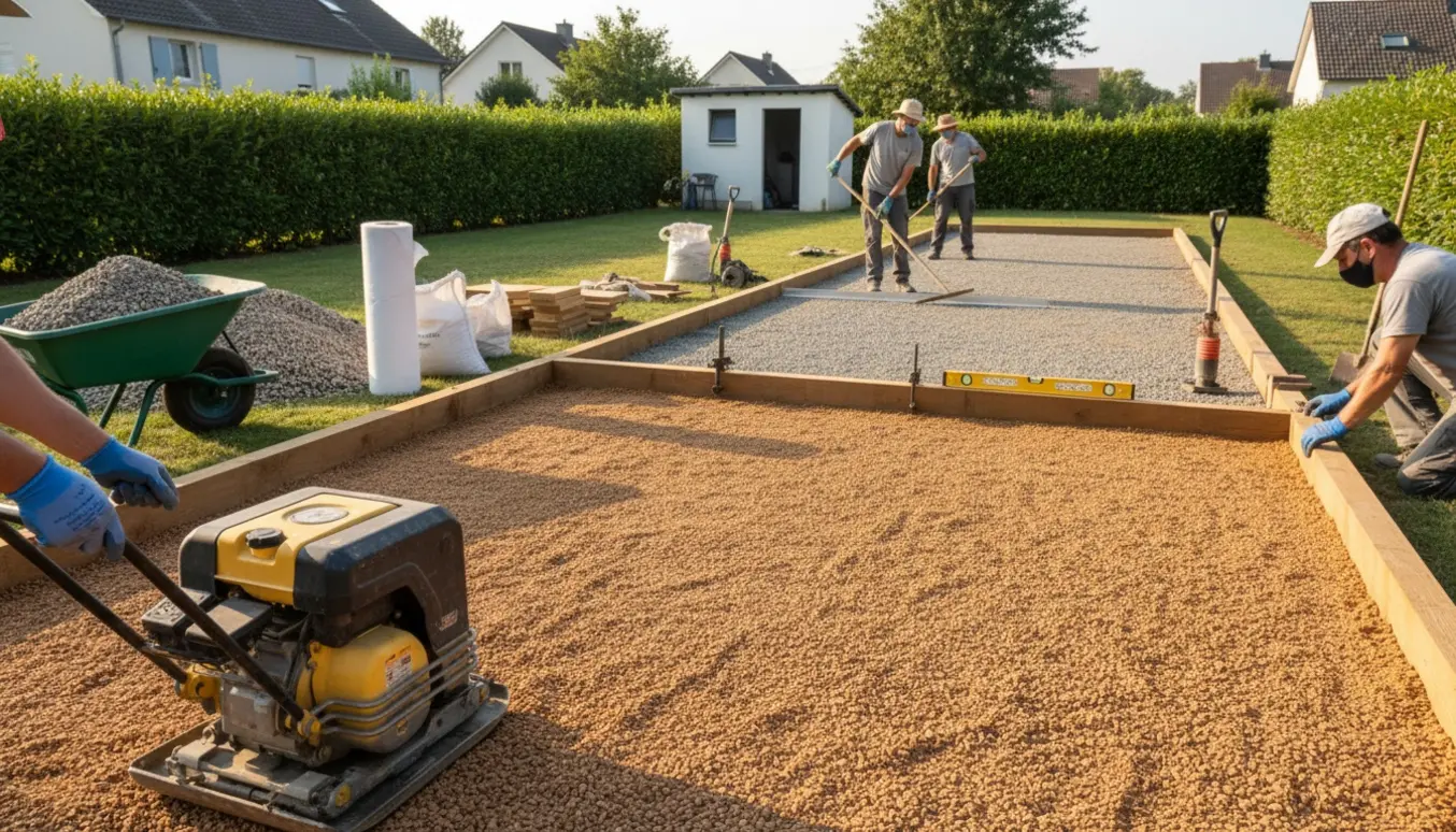 Renovering af petanquebane med nyt stabilgrus, stenmel og værktøj i en grundejerforenings have.