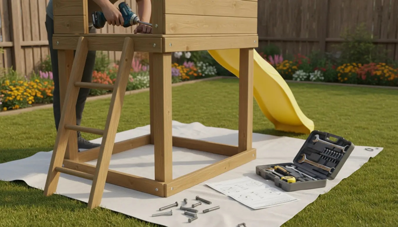 Delvist samlet træ-legetårn i have med hænder, der spænder en bolt og værktøj ved siden af.