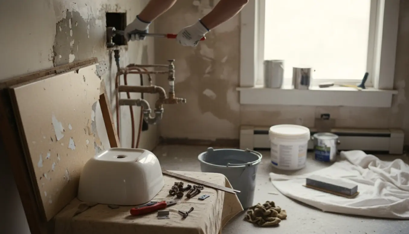 Gammel bordplade delvist fjernet og håndvask under demontering med værktøj og udsatte vandrør.