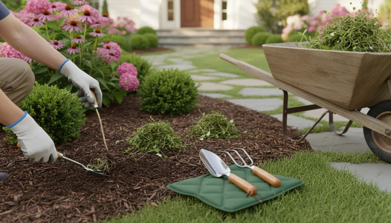 Forhave under lugning med handredskaber, trillebør og opsamlet ukrudt.