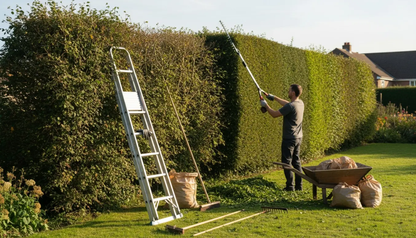 Teleskop-hækkeklipper og stige ved en nyklippet hæk med friske afklip i trillebør og sække.