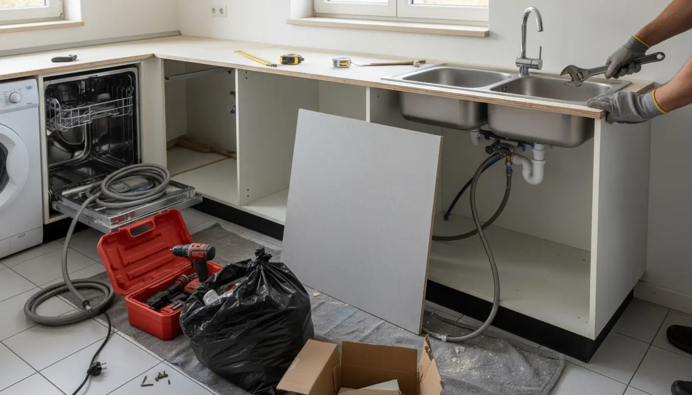 Håndværker afmonterer en køkkenbordplade med vask og armatur, mens underskabe og hvidevarer er trukket ud.