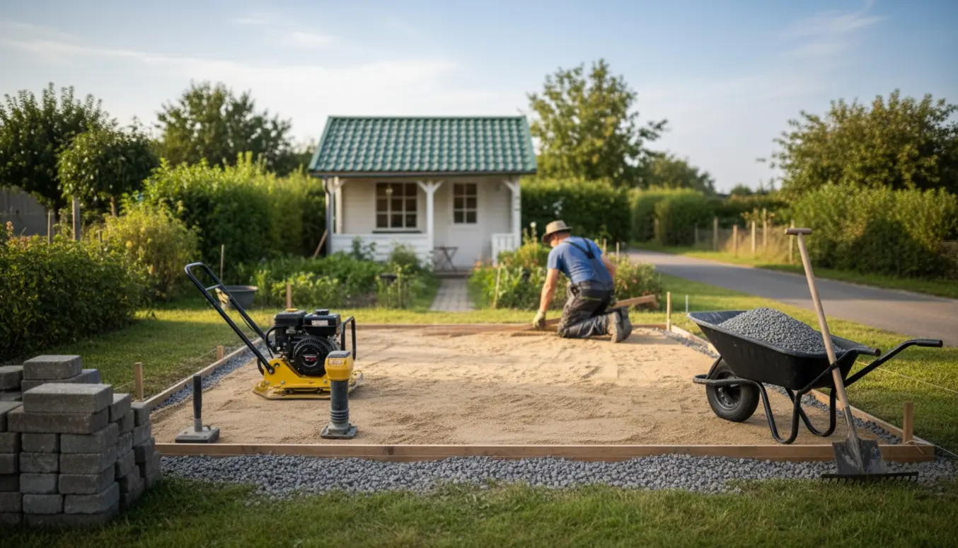 Forberedelse af underlag til ny belægning ved kolonihavehus med tromle, skovl og stak af fliser.
