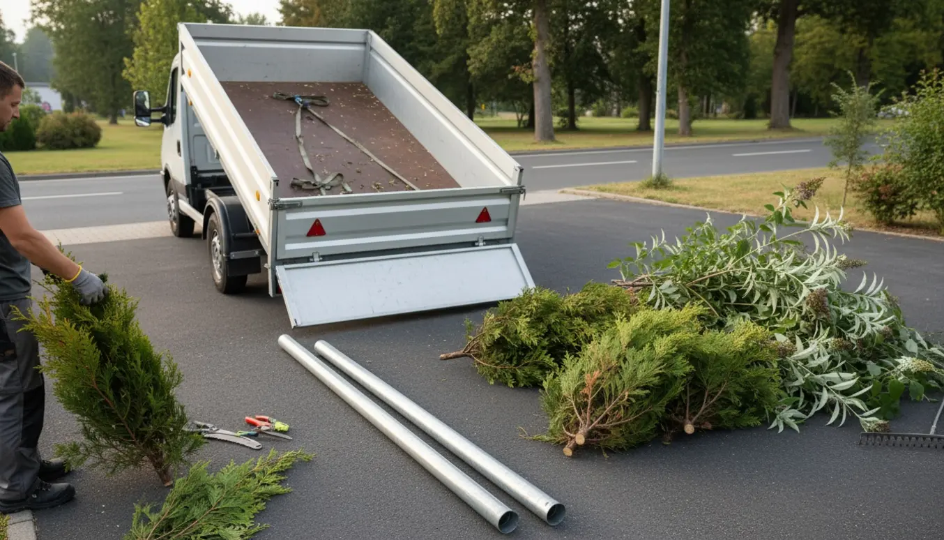 Stor trailer ved indkørsel klar til læsning af toppe fra thujahæk, et sommerfugletræ og lange nedløbsrør.