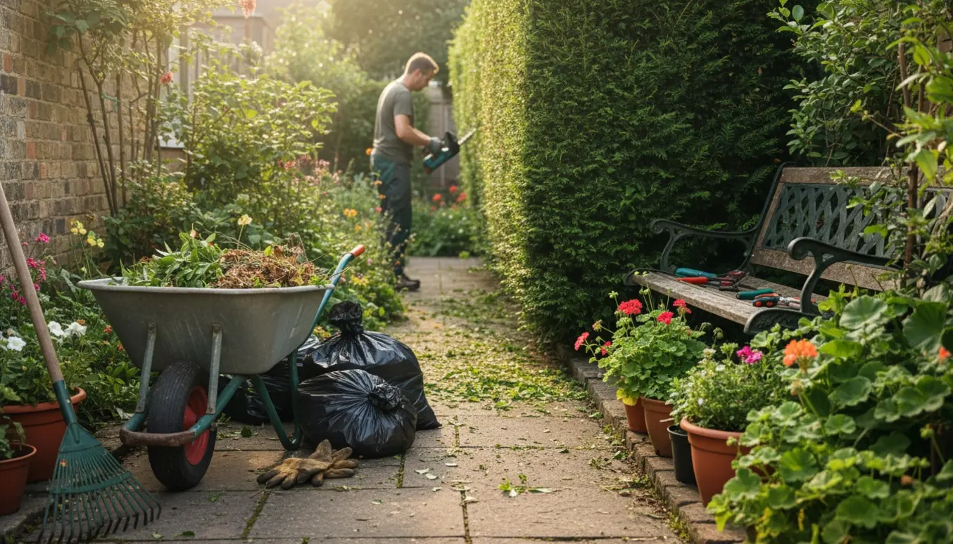 En person trimmer hækken i en lille rækkehushave med trillebør og haveredskaber.