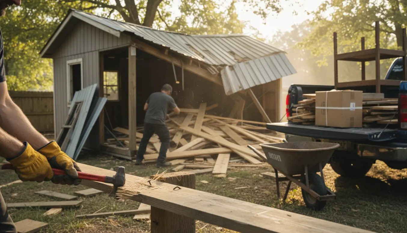 Nedrivning og bortkørsel af to små træskure i en baghave med værktøj og lastbil.