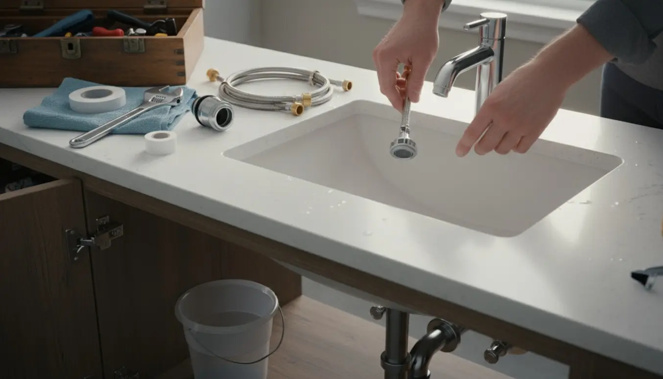 Nærbillede af en ny krom vandhane og værktøj ved et badeværelsesvask, klar til udskiftning.