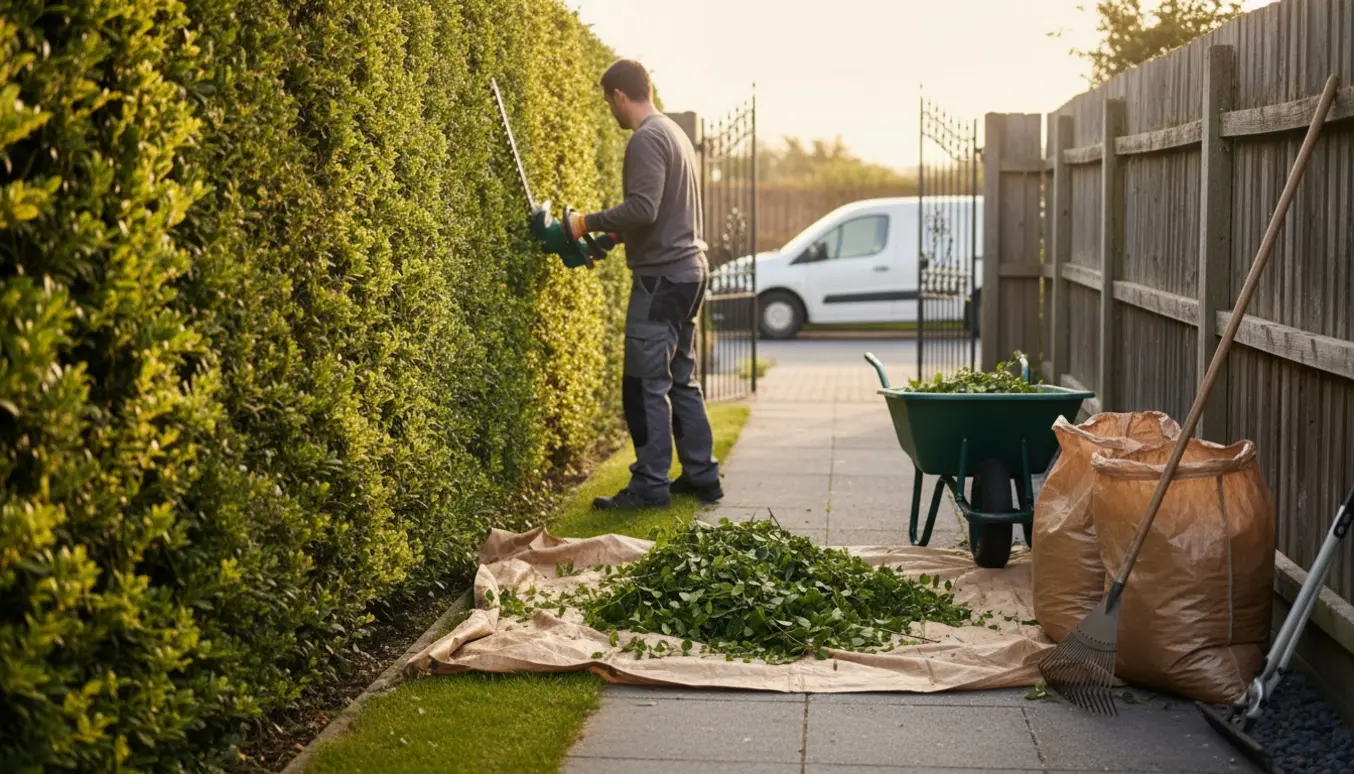 Ryggen af en person, der klipper en to meter høj hæk indefra, med afklip samlet i en trillebør på en solskinsdag.