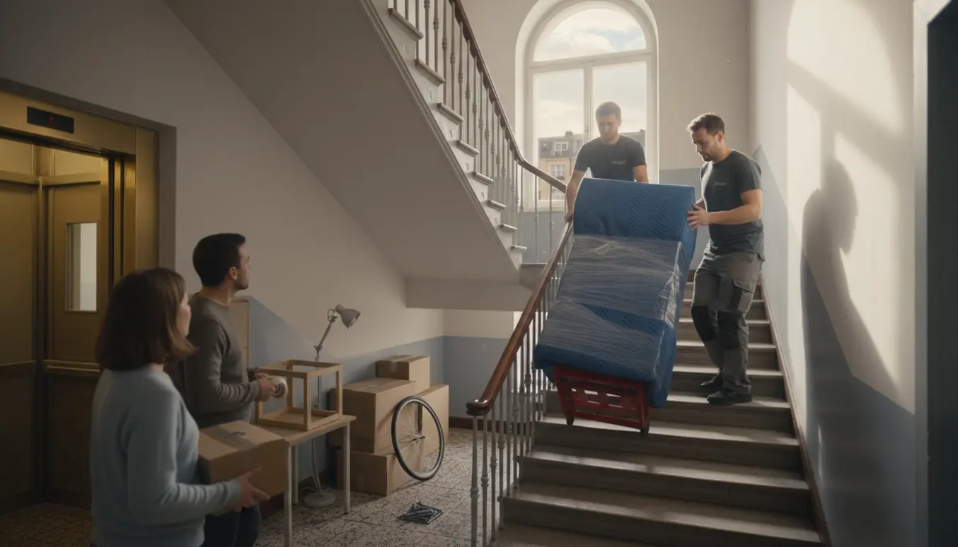 Flyttefolk bærer et større møbel op ad en smal trappe, mens to beboere står ved en åben elevator og ser til.