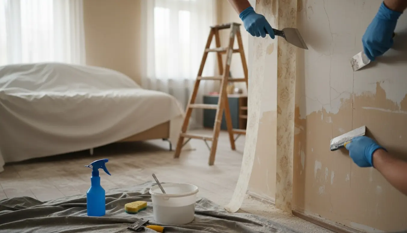 Hænder fjerner tapet og spartler smårevner i et lyst, afdækket soveværelse.