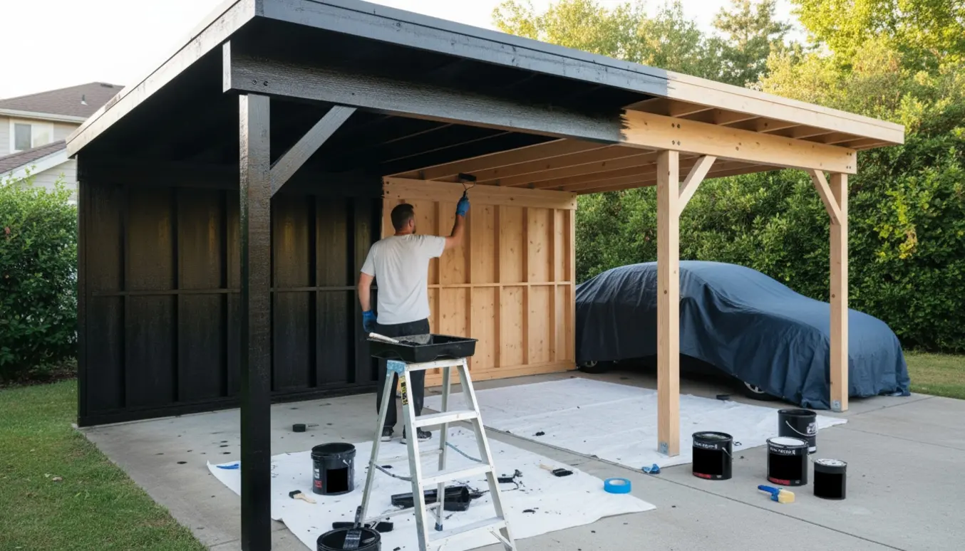 En person maler en carport sort med rulle og pensel på en tør, solrig dag; nymalet træ og malerbøtter er synlige.