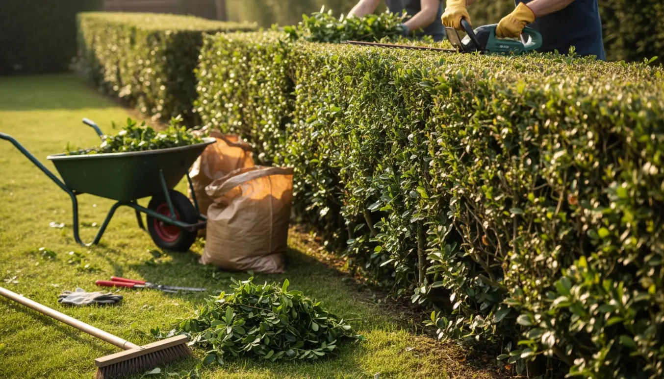 Handskenklædt person klipper en to meter høj hæk og samler afklip i en trillebør på en solrig dag.