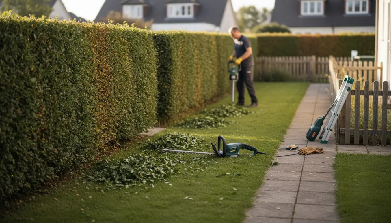 Nyklippet tosiders bøgehæk i en lille have med havetrimmer og haveredskaber på græsset.