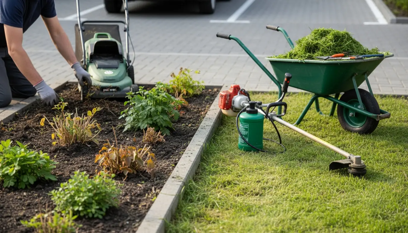 Havearbejde ved en lille parkeringsplads med to rensede bede, nyslået græs og haveredskaber.