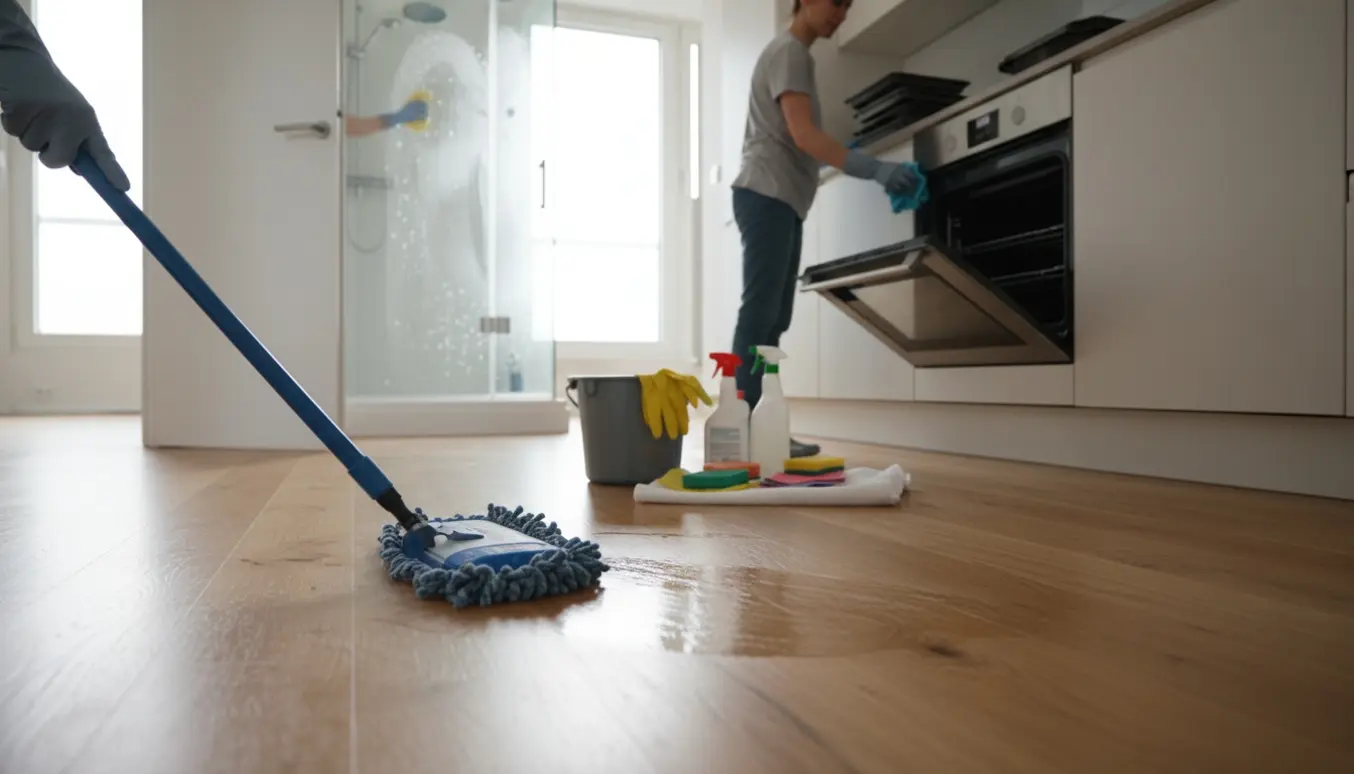 En person i gummihandsker vasker trægulvet i en lys lejlighed med åben ovn og glasbrusekabine i baggrunden.