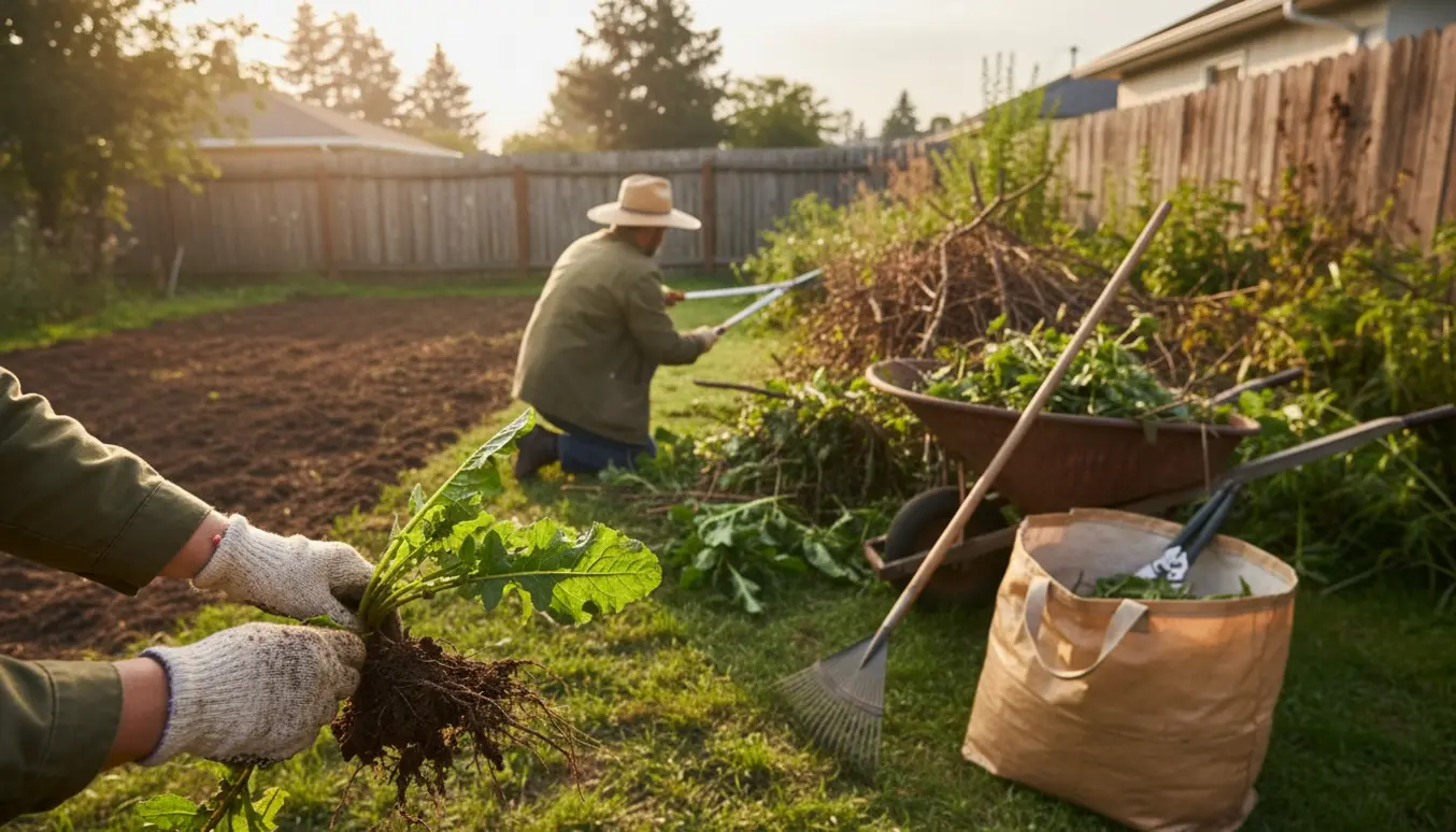 Overgroet baghave ryddes for ukrudt og buskads med handsker, grensakse og skovl.
