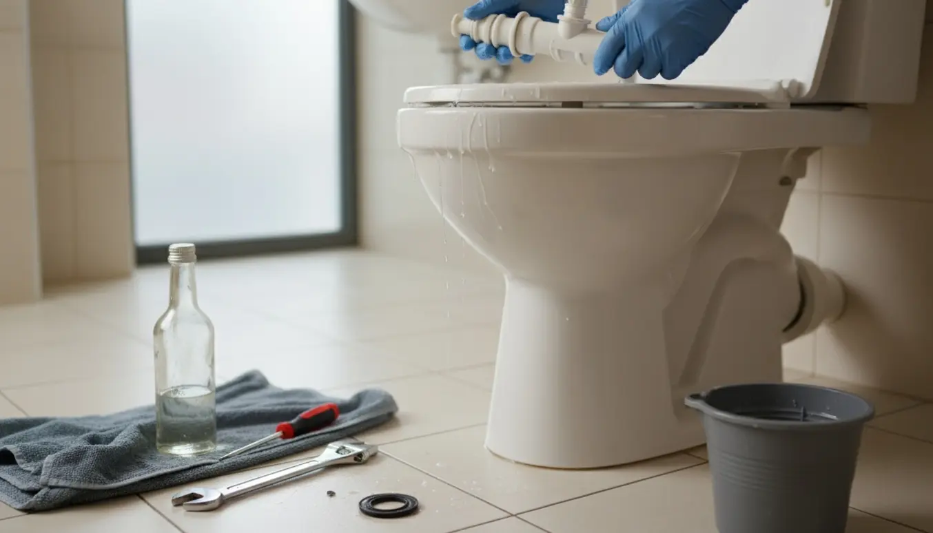 Hænder arbejder på en åben gulvmonteret toiletcisterne med afkalkningsmiddel og en ny indløbsventil ved siden af.