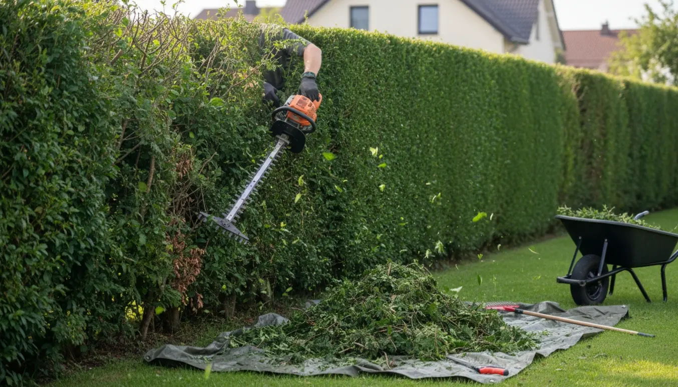 Lang hæk bliver beskåret med kraftig hækkeklipper, mens afklip samles i en trillebør.