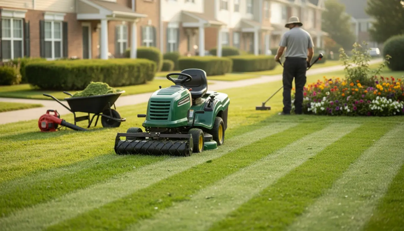 Plæneklipper på fælles græsareal i en grundejerforening med nyklippede striber og beskårede hække.