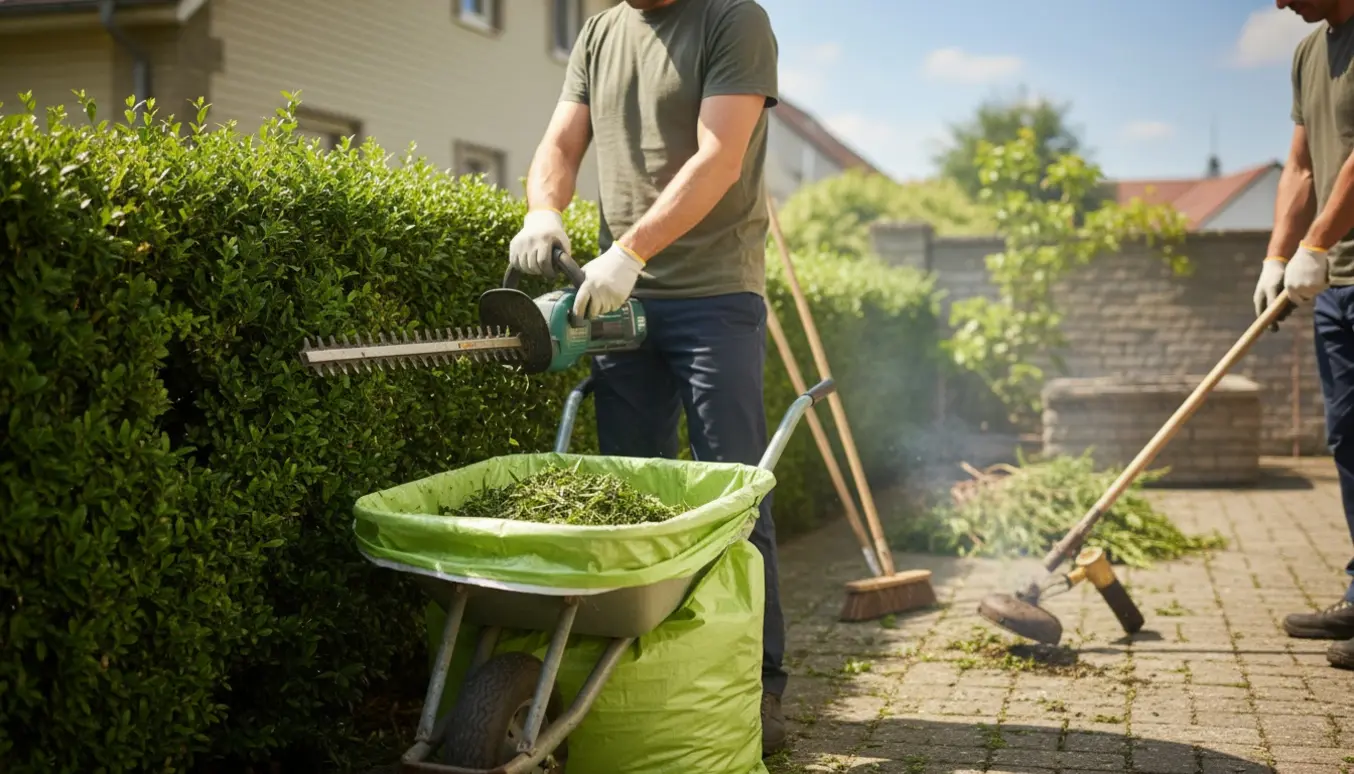 En person i handsker klipper hæk og fjerner ukrudt mellem fliser med haveredskaber i solskin.