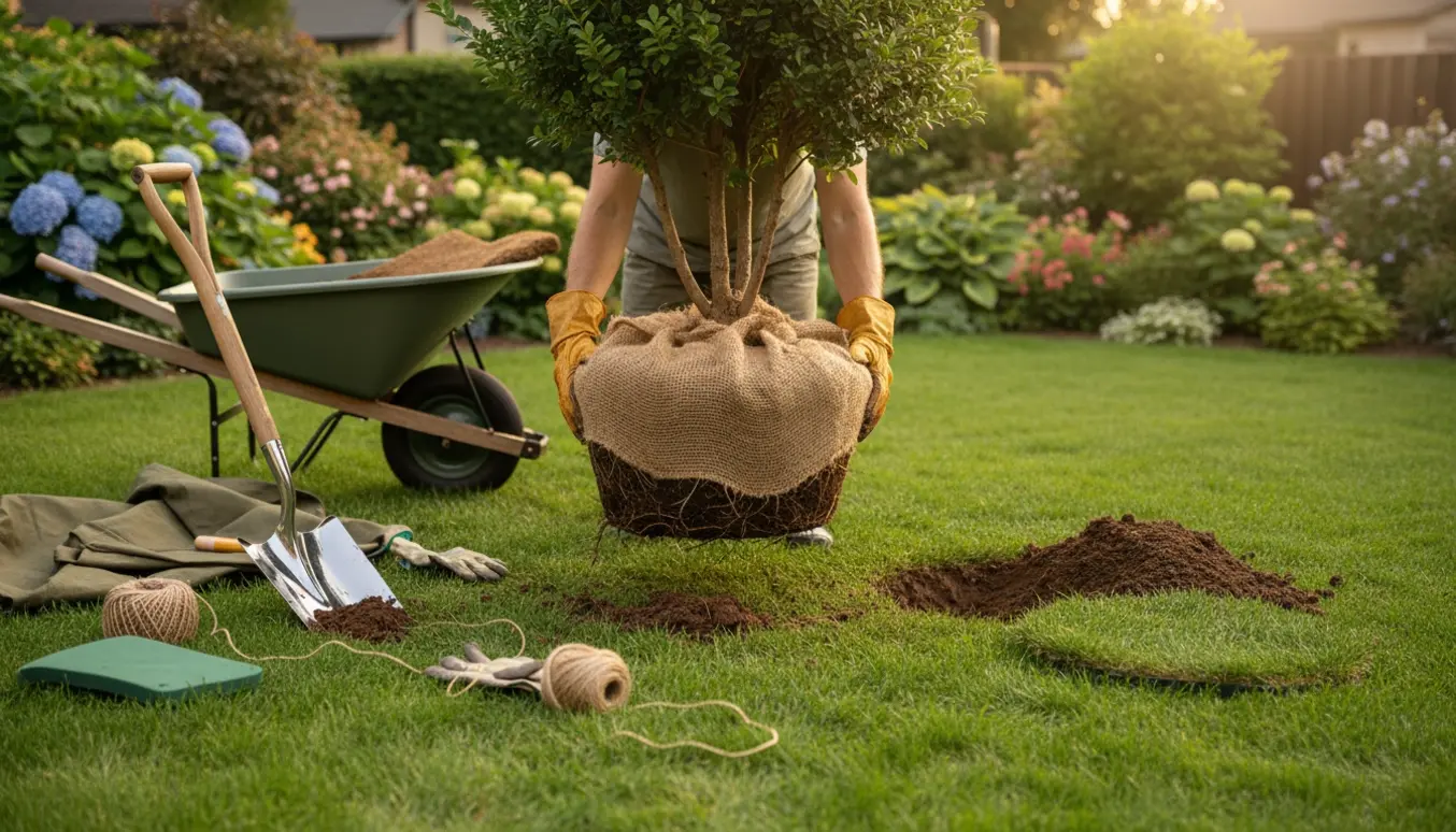 Busk løftet i jute med rødder synlige og et nyt plantehul et par meter væk i en solbeskinnet have.