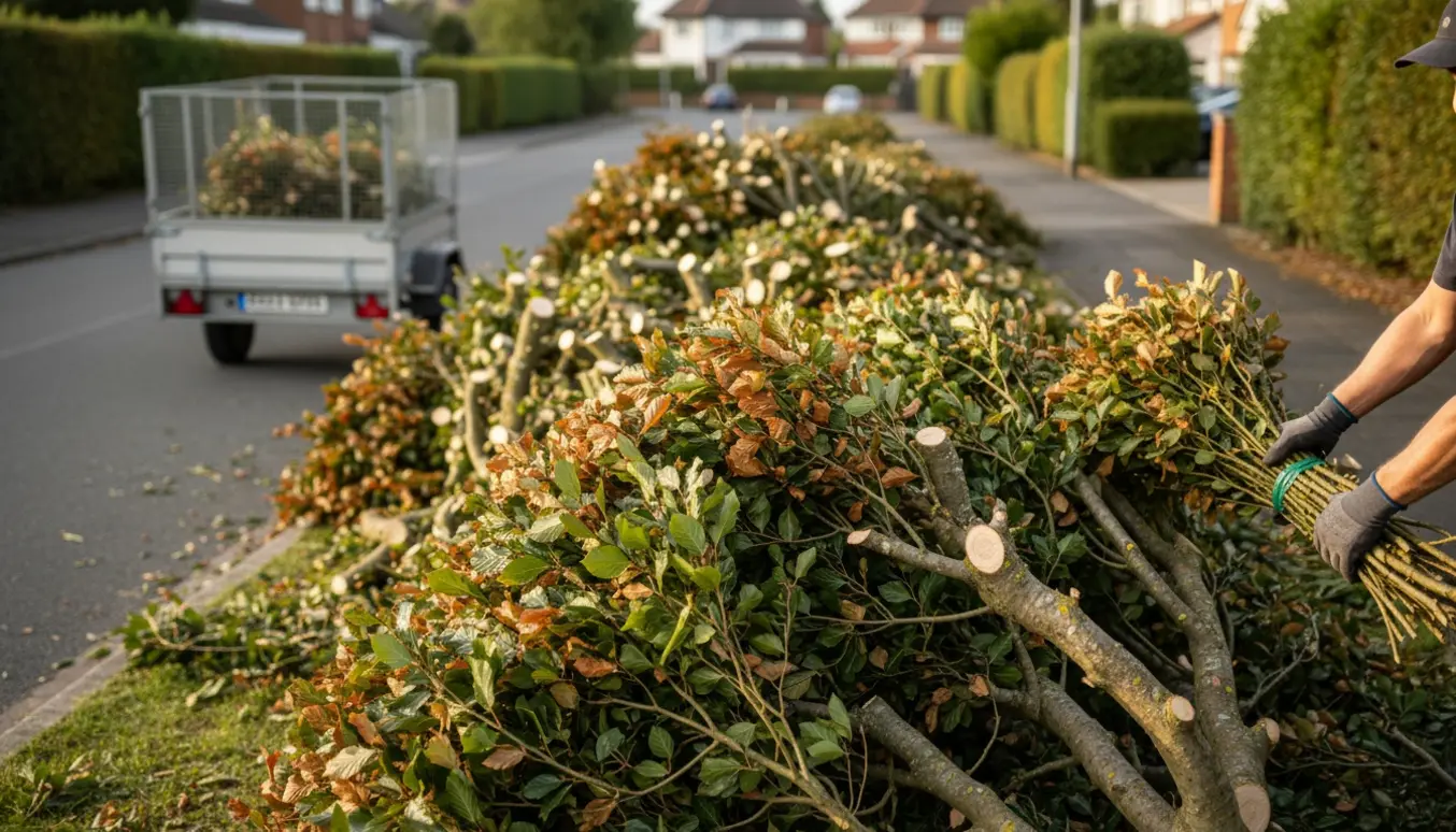 Stak af afklippede bøgehækgrene lagt til afhentning ved fortovet, en handskeklædt hånd løfter en bunt.