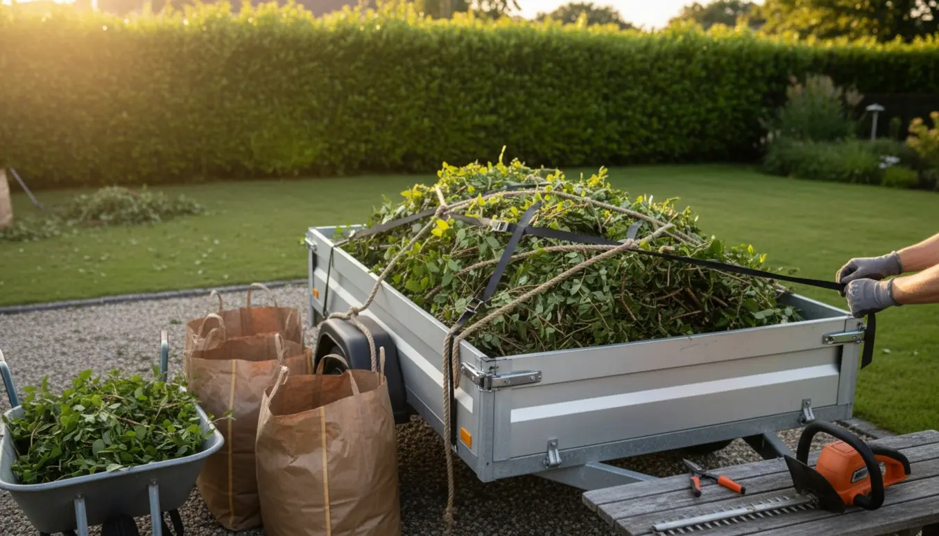 En åben trailer fyldt med nyslåede hækafklip ved en indkørsel, klar til bortskaffelse.