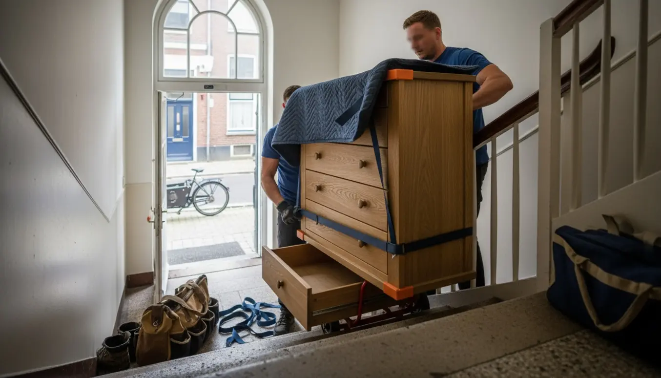 To personer bærer en kommode op ad en trappe i en lejlighedsopgang, uden synlige ansigter.