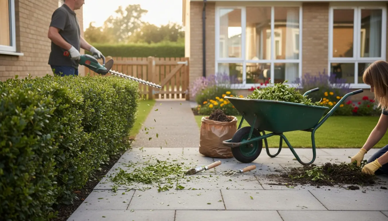 Hæk klippes og ukrudt luges i en lille have ved en pensionistbolig, med grønt affald samlet i en trillebør.