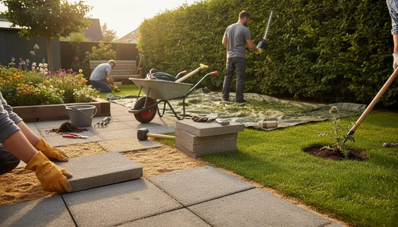 Havearbejde med hækklipning, lugning af bed, fjernelse af tidsler og lægning af firkantede fliser.