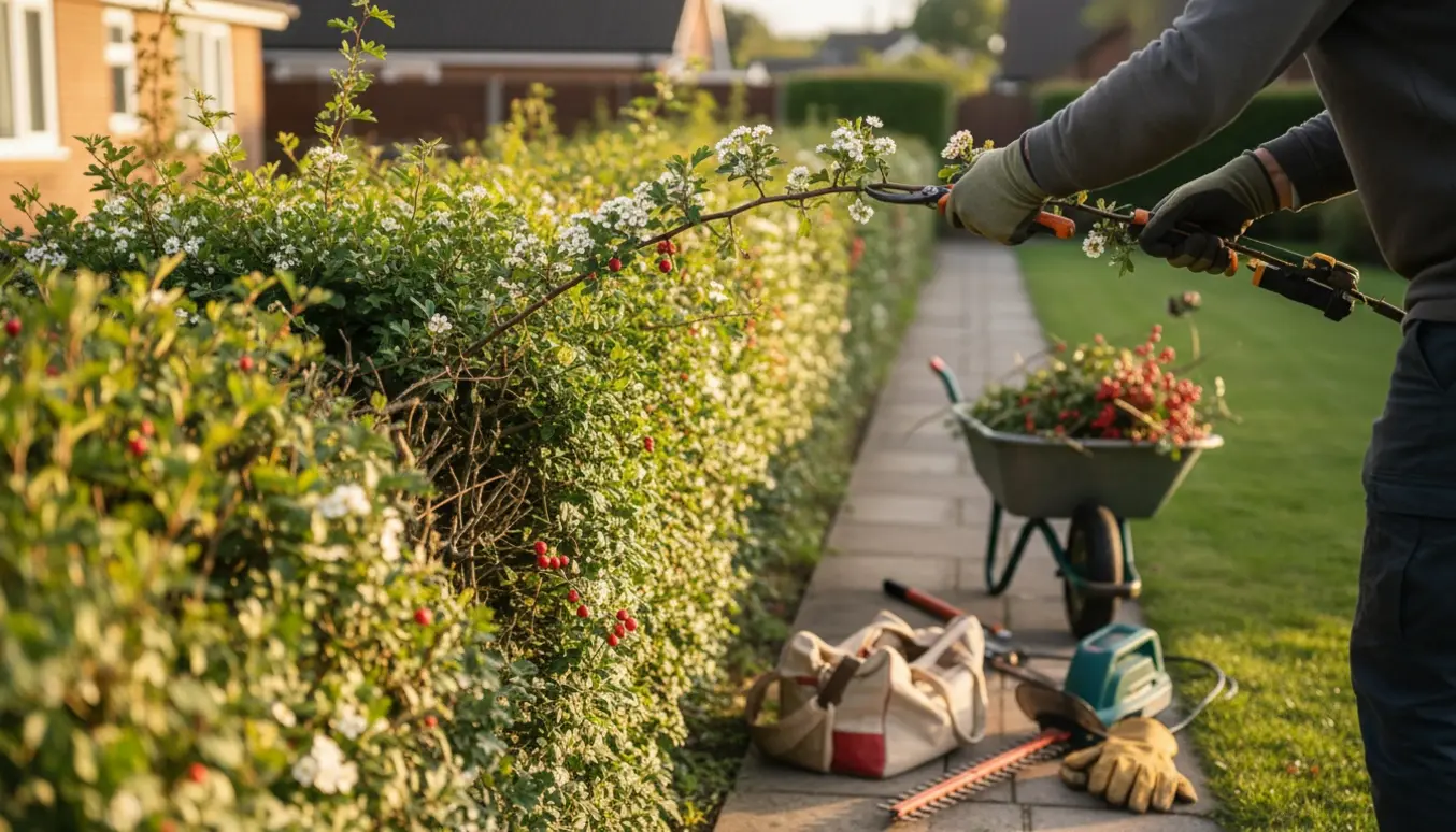 Nærbillede af beskæring af en ildtornhæk med beskårne grene i trillebør og redskaber klar på stien.