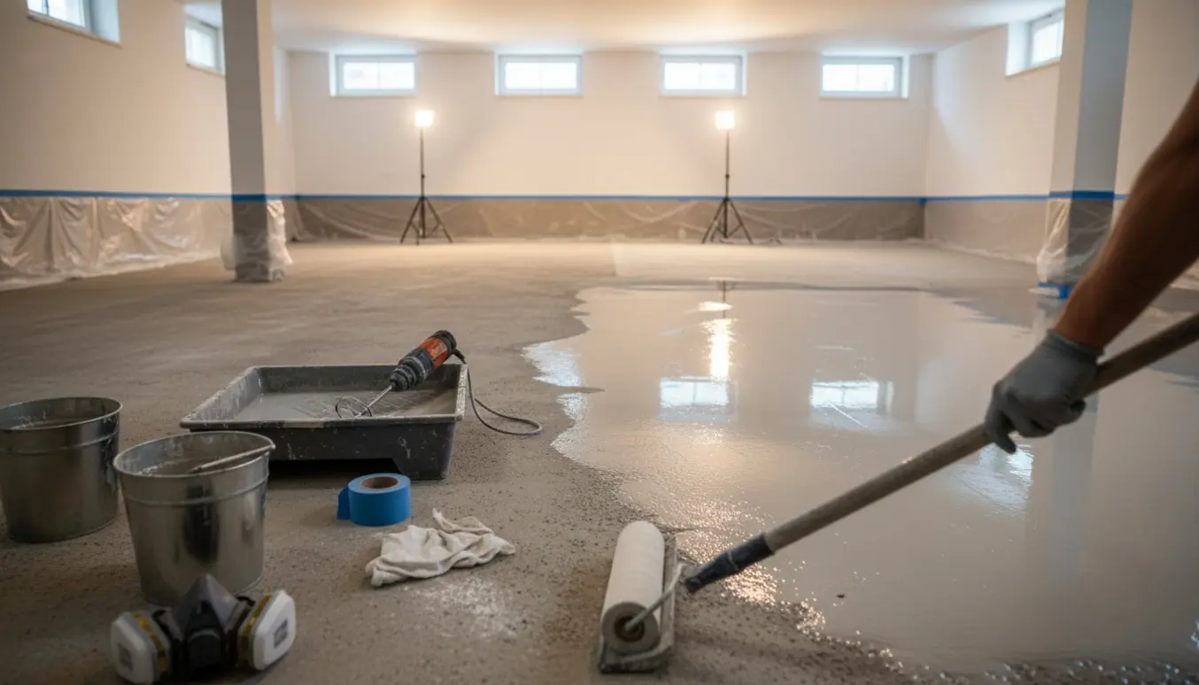 PU-gulv rulles ud i en underetage, halvt belagt med værktøj og beskyttelsesudstyr i baggrunden.