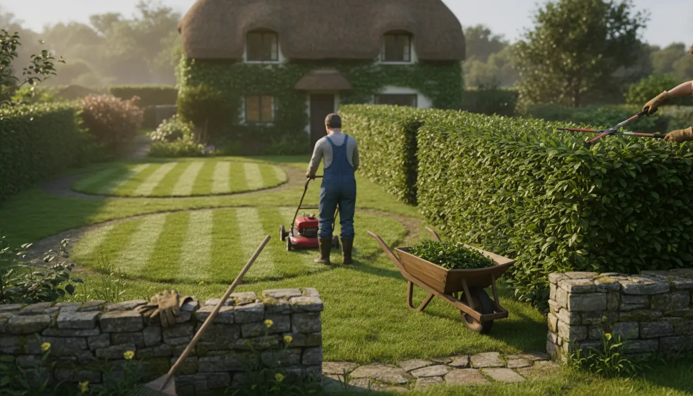 Person klipper en lang hæk med håndsakse og slår flere små plæner med en manuel plæneklipper.